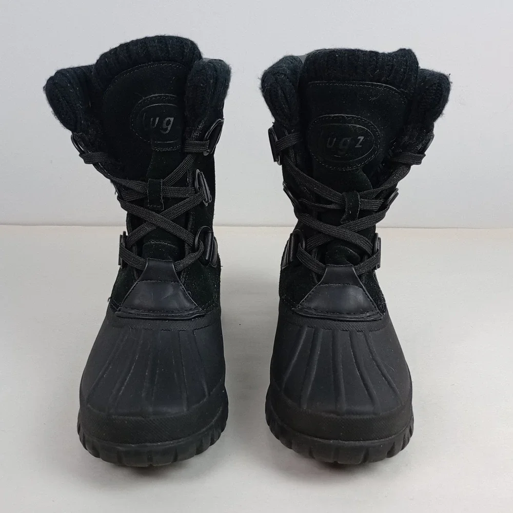 Lugz Womens 7 Black Leather Faux Fur Waterproof Winter Snow Storm Boots